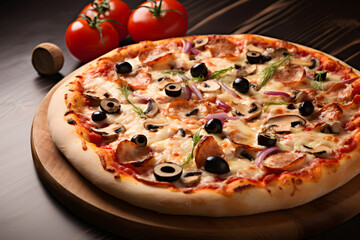 Tasty Pepperoni pizza with pepperoni, cheese, and chicken on dark background