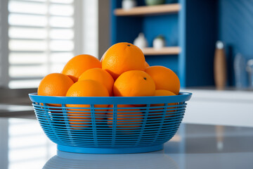 Orange in blue basket on counter in modern kitchen.