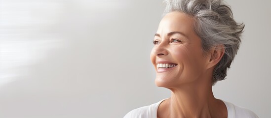 Middle-aged woman with rejuvenated, radiant skin smiles amid skincare routine.