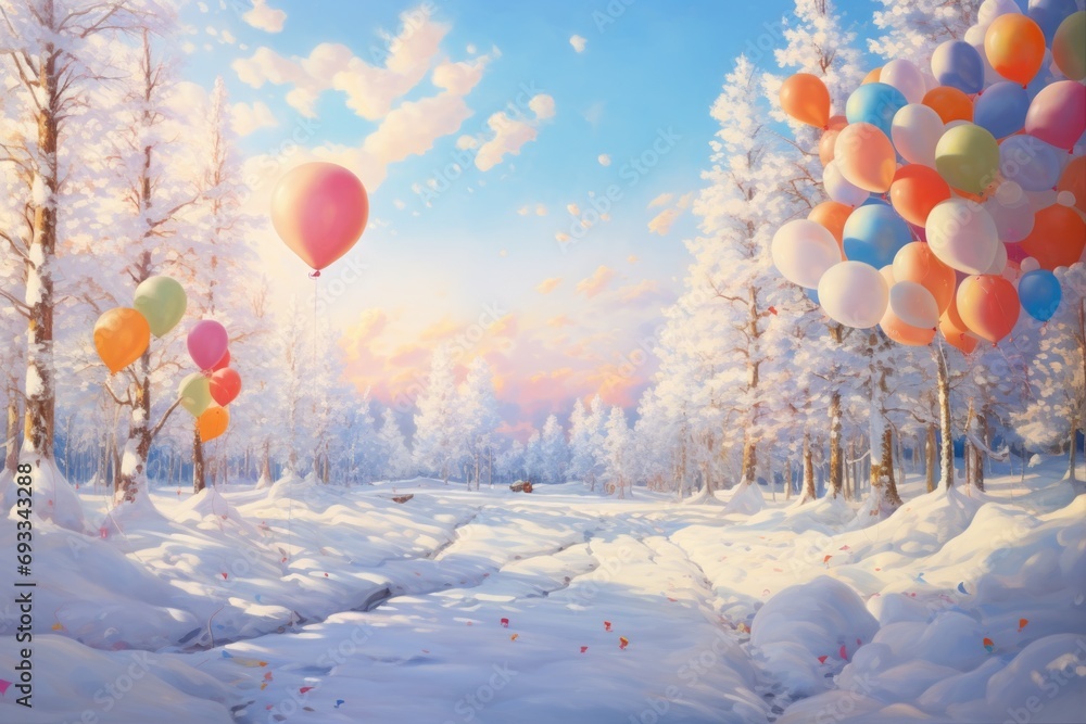 Poster Colorful balloons floating in the air. Perfect for adding a touch of joy and celebration to any project
