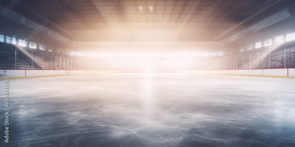 Poster an empty hockey rink with a bright light shining through the window. ideal for sports-related design