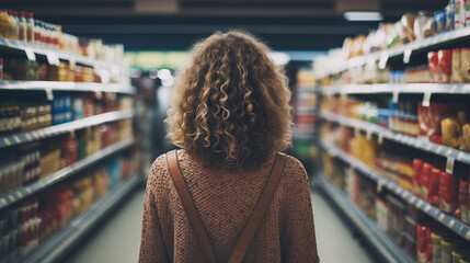 Woman shopping in supermarket, concept for consumerism and choices. - obrazy, fototapety, plakaty