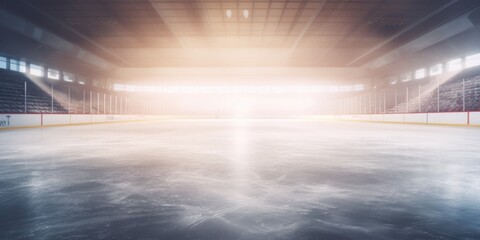 An empty hockey rink with a bright light shining through the window. Ideal for sports-related...