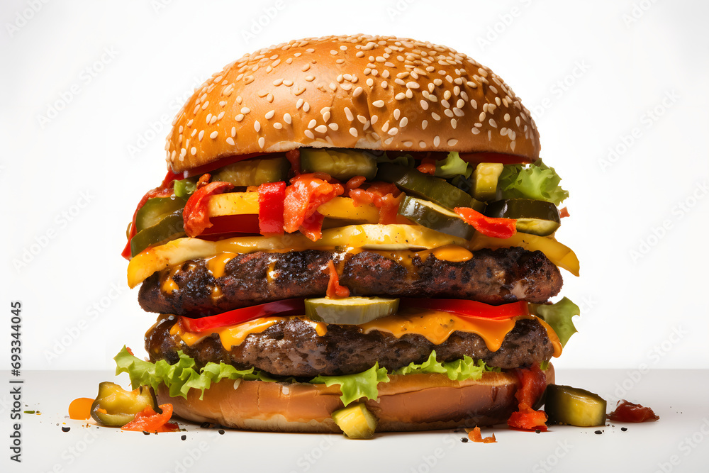 Wall mural overloaded fresh tasty delicious burger with beef patty, lettuce, onions, tomatoes and cucumbers, big fresh hamburger with extra filling on wooden table isolated on white background with copy space