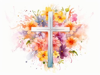 Cross with watercolor floral ornament. Easter background. illustration. Generative AI