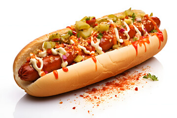 Barbecue Grilled Hot Dog with extra filling, hotdog with a large sausage filled with melted mayonnaise and ketchup isolated on a white background with copy space - obrazy, fototapety, plakaty