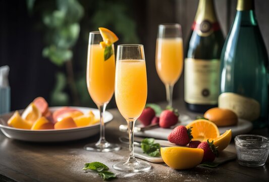Peach mimosas Bellini glass flutes. Nectar peach infused alcoholic sparkling cocktails. Generate ai