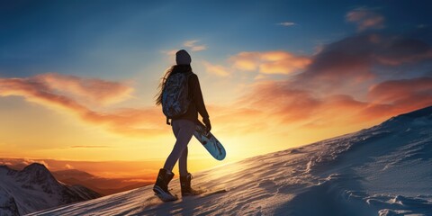 A woman walking up a snow covered hill with a snowboard. Suitable for winter sports and adventure...