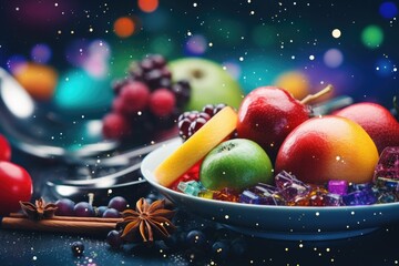 A bowl of fruit on a table, accompanied by a spoon. Suitable for various uses - obrazy, fototapety, plakaty