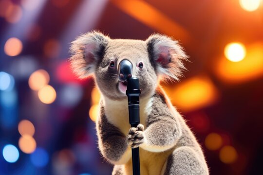 A cute koala bear holding a microphone in its paws. Perfect for music events and wildlife enthusiasts