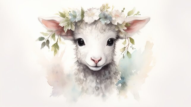 Watercolor portrait of a cute lamb with a wreath of flowers. Generative AI