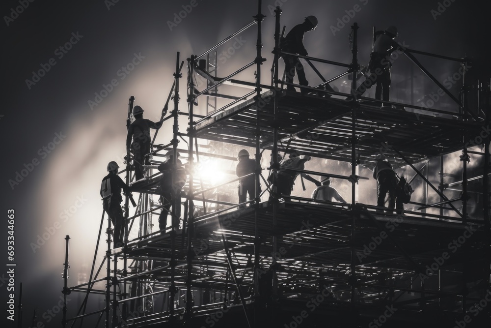 Poster a group of people standing on top of scaffolding. can be used to illustrate teamwork, construction p