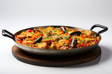 Spanish Colorful Seafood Paella with Shellfish, shrimp vegetable and seafood, closeup view paella with rice and vegetables isolated on a white background with copy space