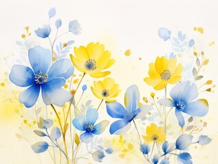 Fototapeta na wymiar Watercolor blue and yellow flowers. Floral watercolor background. Generative AI
