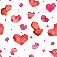 Watercolor hearts on a seamless background. Pink and red watercolor pattern in the form of hearts. Colorful watercolor romantic texture. for Valentine's day design
