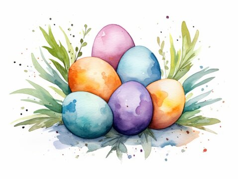 Watercolor painted easter eggs on white background. illustration. Generative AI