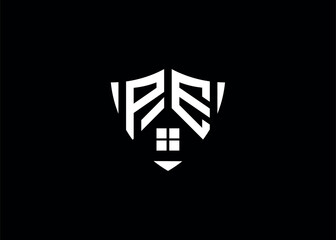Real estate letter PE shield shape logo and house building vector template