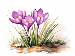 Watercolor illustration of crocus flowers in the grass. Spring season. Generative AI