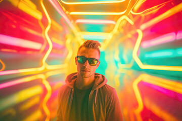 Casual smartly dressed man with dark sunglasses portraying cool confidence in a night out partying, neon nostalgia nightclub with intense bright colorful lights setting. 