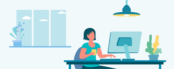 Woman at computer, remote study concept, webinar, freelancing, cartoon vector illustration