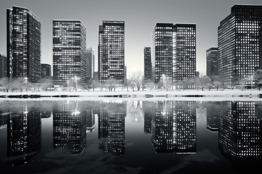 Fototapeta A black and white photo capturing the beauty of a city at night. Perfect for urban and architectural themes