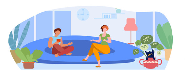 A married couple is sitting on the sofa and talking at living room. Joyful man and woman relaxing spending time together at home. Young family enjoy weekend. Cartoon modern  flat vector illustration
