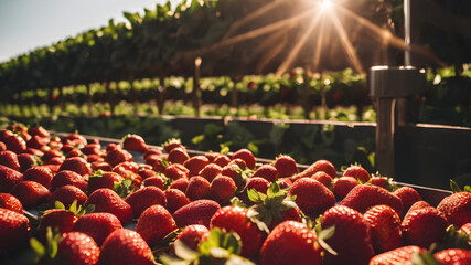 Harvest Agriculture Fresh strawberry farm field at spring and summer - obrazy, fototapety, plakaty