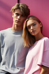 Fashion street photography of two young people wearing light pale pink and blue grey top t shirts, man and woman couple models with casual poses for summer clothing fashion on pink wall background - obrazy, fototapety, plakaty