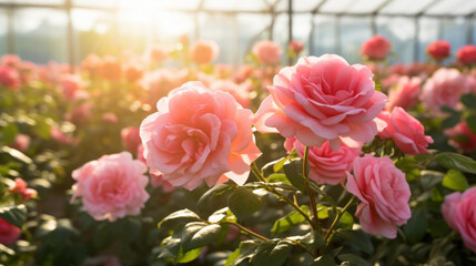 Field of pink roses flowers production under a greenhouse - obrazy, fototapety, plakaty