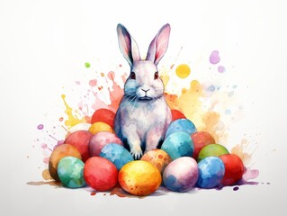 Easter bunny with colorful eggs. Watercolor painting on white background Generative AI