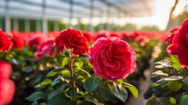 Field of red roses flowers production under a greenhouse