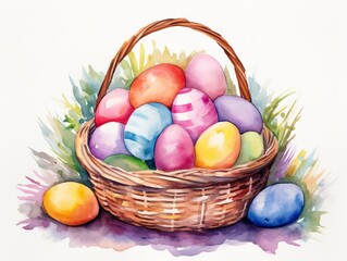 Obraz na płótnie Canvas Basket with easter eggs. Hand drawn watercolor illustration. Generative AI