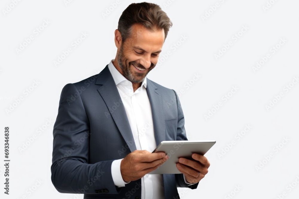 Aufkleber a man in a suit is looking at a tablet. suitable for business and technology concepts