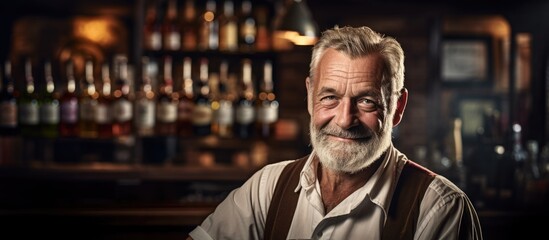 Middle-aged man working as a bartender in a pub serving beer. - Powered by Adobe