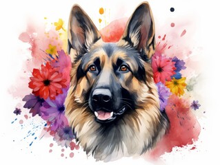 Watercolor portrait of a german shepherd dog with flowers and splashes Generative AI - obrazy, fototapety, plakaty