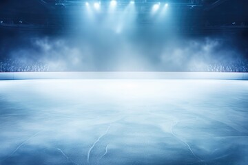 Fototapeta premium An empty ice rink illuminated by spotlights, creating a dramatic atmosphere with the addition of smoke. This image can be used for various purposes