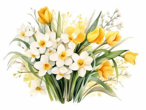 Beautiful vector image with a bouquet of spring flowers daffodils and tulips Generative AI
