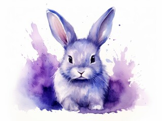 Watercolor illustration of a cute rabbit on a background of purple blots Generative AI
