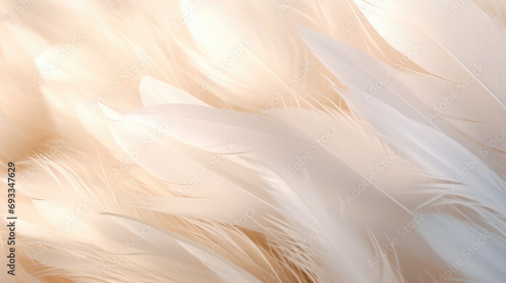 Poster White feathers arranged in a close-up shot on a plain white background. Can be used as a minimalist and elegant backdrop.
