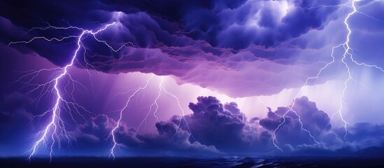 Storm with purple sky and many lightning bolts.