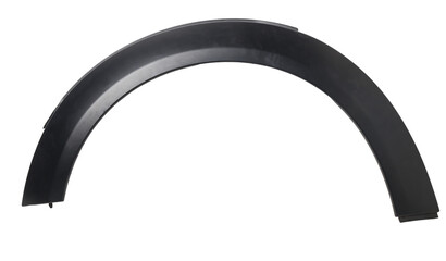 Black plastic fender flare on a white isolated background in a photo studio for sale or replacement in a car service. Mudguard on auto-parsing for repair or a device to protect the body from dirt. - obrazy, fototapety, plakaty