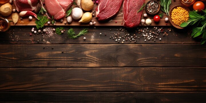 Assorted meats and cooking ingredients on wooden table, top view.
