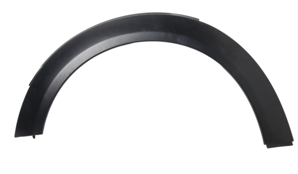 Black plastic fender flare on a white isolated background in a photo studio for sale or replacement in a car service. Mudguard on auto-parsing for repair or a device to protect the body from dirt.