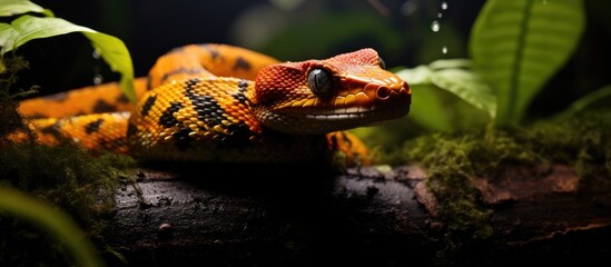 Nocturnal Eyelash Viper snake on heliconia in Costa Rican rainforest. - obrazy, fototapety, plakaty