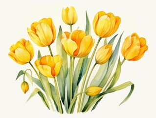 Obraz na płótnie Canvas Bouquet of yellow tulips isolated on white background. Watercolor illustration. Generative AI