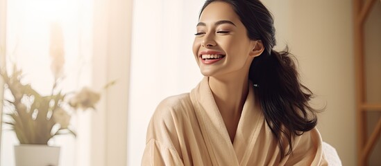Happy young Asian woman in silk bathrobe enjoying morning beauty routine at home, applying face care product and smiling, with space for copying. - obrazy, fototapety, plakaty