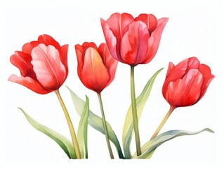 Red tulips isolated on white background. Watercolor hand drawn illustration Generative AI