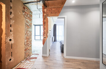 Comparison of old apartment before restoration and new renovated flat with modern interior design....