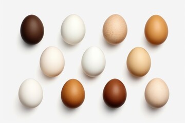 Eggs arranged in a group on a clean white surface. Perfect for food-related projects and Easter-themed designs