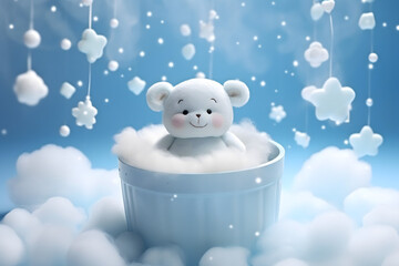 New born, child and teddy bear with balloons, its a boy, baby